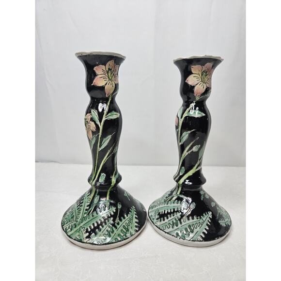 Vintage Porcelain Floral Candle Stick Holders Hand Painted in Macau 80s Black - Picture 1 of 13
